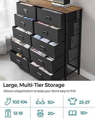 SONGMICS Dresser for Bedroom, Fabric Dresser with 10 Drawers, Storage Organizer Unit with Fabric Drawers, Chest of Drawers, Steel Frame, for Living Room, Entryway, Rustic Brown and Black ULTS225B01 - Image 4