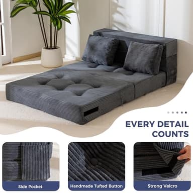 MAXYOYO Convertible Sofa Bed, Fold Out Sleeper Sofa with Pillow, 4 in 1 Tufted Folding Couch Bed Foam Floor Couch, Lazy Chair for Living Room Bedroom Guest Room, Dark Grey - Image 6