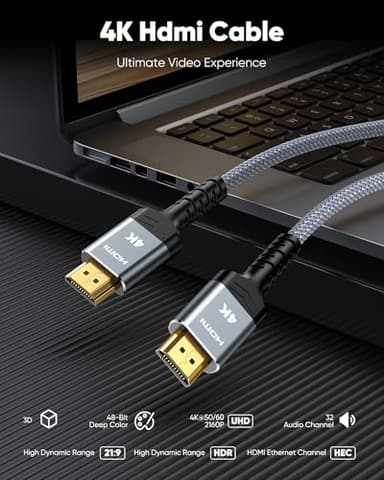 Highwings 4K HDMI Cable 6.6FT/2m | High-Speed HDMI 2.0 Quality Cord 4K@60Hz, Braided Nylon & Gold Connectors, HDR, Ethernet, ARC, 3D, HDCP 2.2, Compatible for PS-5/4/3/ HDTV/Monitor/DVD/Streaming - Image 4