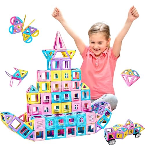 MAGBLOCK Magnetic Tiles with 2 Cars-156Pcs Magnet Toys Set for 3+ Year Old Boys Girls Toddlers, Idea for Girls Magnetic Blocks Building STEM Creativity Educational Toys for Kids - Image 1