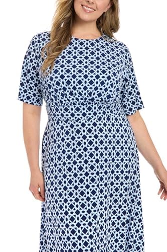 London Times Women's Dresses Inset Waist Midi Dress Career Office Occasion Guest of, Hexagon Geo - Navy/Blue, 4 - Image 5