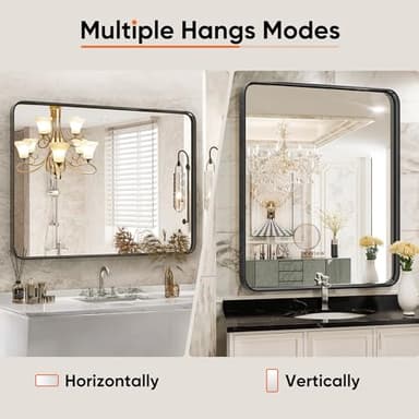 DUMOS Black Vanity Bathroom Mirror for Wall, Metal Framed Rounded Rectangular Modern Mirrors for Over Sink, 30x40 Inch for Farmhouse, Tempered Glass, Hangs Horizontally or Vertically - Image 5