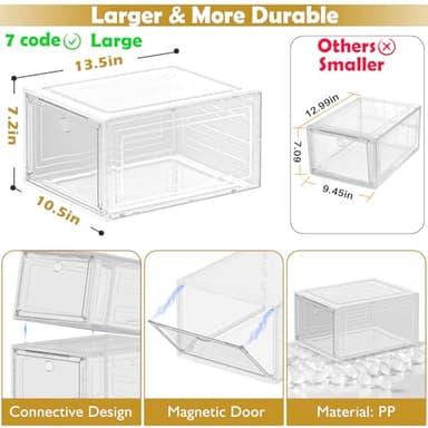 Thicken & Sturdy Clear Shoe Storage Organizer with Magnetic Door, Stackable Boxes for Closet, Foldable Space-Saving Shoe Rack for Sneaker Boot Container, Plastic Shoe Cabinet Shoe Box 6 Pack, White - Image 3