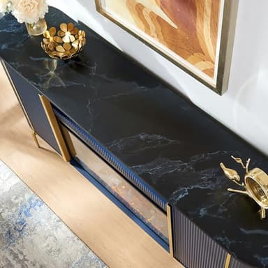 OKD Luxury 70" Fluted Fireplace TV Stand, Modern Chic Entertainment Center for TVs Up to 80 inches, TV Console with Faux Marble Top, Curved Profile Design, Media Console for Living Room, Navy Blue - Image 5