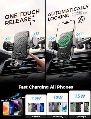 CHGeek Wireless Car Charger with Phone Holder Mount, 15W Fast Charging Auto Clamping Phone Holders for You Car Windshield Dashboard Air Vent Accessories for iPhone, Samsung Galaxy, Google, etc - Image 4