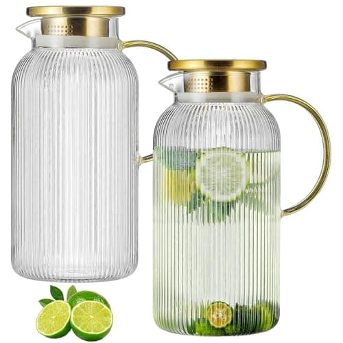 Buaic 2 PACK Glass Pitcher with Lid, 68 oz/ 2 Liter Classic Vertical Stripes Water Pitcher with Yellow Handle,Glass Water Carafe for Cold Brew, Coffee, Lemonade, Iced Sun Tea,Beverage,Heat Resistant - Image 1