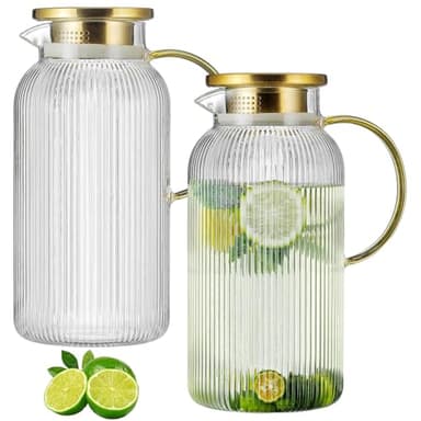 Buaic 2 PACK Glass Pitcher with Lid, 68 oz/ 2 Liter Classic Vertical Stripes Water Pitcher with Yellow Handle,Glass Water Carafe for Cold Brew, Coffee, Lemonade, Iced Sun Tea,Beverage,Heat Resistant - Image 1