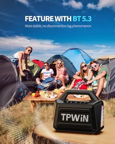 TPWIN Bluetooth Speaker - 80W Loud Rugged Outdoor Speakers, IPX6 Waterproof, 20H Playtime, Deep Bass, Lightshow, TWS, BT 5.3 Wireless, Portable for Travel Hiking Camping Beach Pool - Black - Image 9