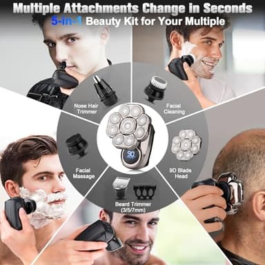 9D Electric Head Shaver for Bald Men, Upgraded 5-in-1 Head Shaver for Bald Men, Waterproof Wet/Dry Grooming Kit Electric Shaver for Men, Cordless Rechargeable Bald Head Razor for Home&Travel - Image 4