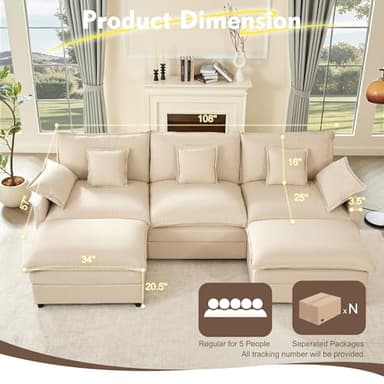 GOSUHI 108" U Shaped Couch, Modular Sectional Sofa, 3-Seater Comfy Cloud Couch with Movable Ottoman, Deep Seat Couches for Living Room, Linen, Beige - Image 2