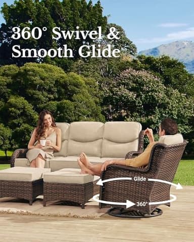 HILLGA Luxury Patio Furniture Set with 6-inch Thick Cushion, Outdoor Couch and High Back Swivel Rocker Patio Chairs, 7PCS Wicker Conversation Set for Deck Yard and Poolside, Beige (V2) - Image 2