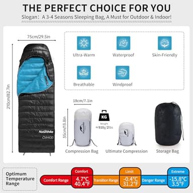 Naturehike Ultralight Down Sleeping Bag, 650FP Backpacking Sleeping Bag 3-4 Season for Adults, 32-42℉ Waterproof Sleeping Bags for Camping, Hiking, Traveling with Compression Sack - Image 2