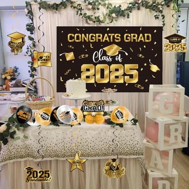 Graduation Decorations 2025 Gold Themed Set - Congrats Grad Banner, Class of 2025 Backdrop, Balloons & Streamers Kit - Complete Party Supplies for High School & College Celebrations - Image 8