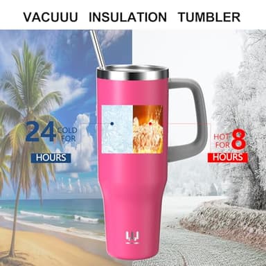 40 oz Insulated Tumbler with Handle, Stainless Steel Straw and silicone sleeves, Leakproof Travel Mug for Water, Iced Tea or Coffee, Insulated Cup Gifts for Women & Men, Strawberry Red - Image 2
