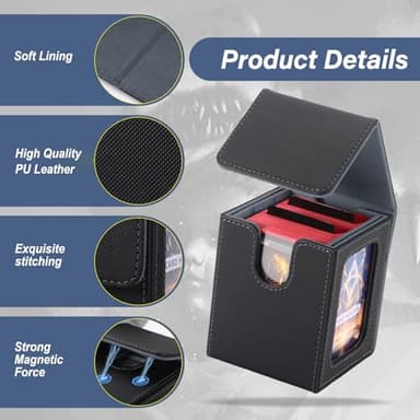 MTG Deck Box, Double Display Window MTG, Commander Deck Box Fits 120+ Single Sleeved Cards, PU Leather Magnetic Closure Card Box with 2 Dividers&2 Toploaders for TCG, CCG, Black/Grey - Image 2