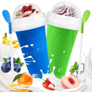 Slushie Cup, 2 Pack Slushy Maker Cup, Frozen Magic Squeeze Cups for Juice Milk Yogurt Ice Cream Make, DIY Smoothie Cooling Cup with Lid & Straw for Kids Friends Family (Blue+Green) - Image 1