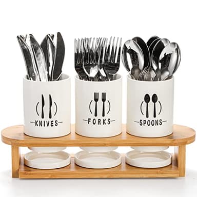 Fasmov Flatware Holder, 3 Pack Silverware Caddy with Bamboo Rack, Utensil Holder Ceramic Flatware Caddy White Ceramic Cutlery Organizer for Forks, Spoons, Knives - Image 1