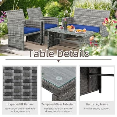 Shintenchi 4 Piece Patio Ratten Set Outdoor Furniture Set Wicker Conversation Set with Cushions and Tempered Glass Tabletop,Deep Blue - Image 3