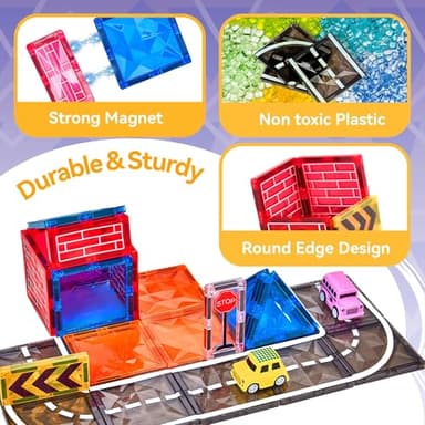 Magnetic Tiles Road Set with Car Crane and Toy Figurine, Construction Tiles Building Blocks Set for Kids Birthday Gifts, Educational STEM Sensory Toys for 3 4 5 6 7 8+ Year Old Toddlers Boys Girls - Image 4