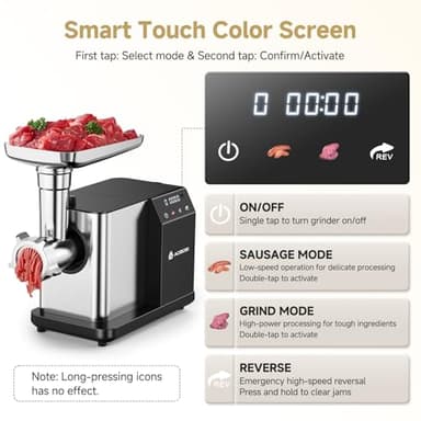AAOBOSI Meat Grinder Electric 3000W Max with Touch Color Screen, Auto-Reverse & Built-in Storage - 3 Speed Settings,Grinding, Sausage & Kibbe Making for Home Use, Stainless Steel - Image 2