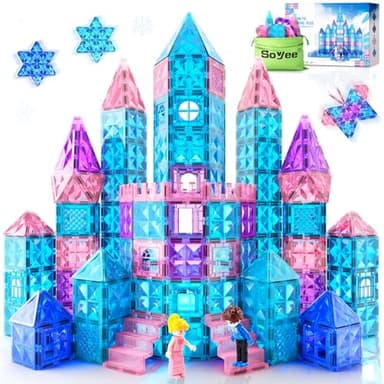 Magnetic Tiles 102pcs with 2 Stairs 2 Dolls Princess Castle Building Girls Toys Age 4-5 6-8 Magnetic Blocks Birthday Xmas Gifts for Girls Toys for 3 4 5 6 7 8+ Year Old - Image 1