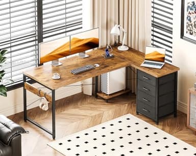 Casaottima 53'' L Shaped Desk with Drawers, Reversible Computer Desk with Storage, Gaming Table with Power Outlets, USB Ports, PC Case Shelf, Corner Desk for Home Office, Easy Assembly, Vintage - Image 2