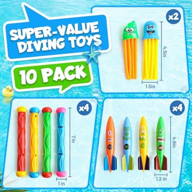 Dive Rings Pool Toys Adults, 10 Pcs Diving Pool Toy for Kids Ages 4-8, Shark Torpedo Dive Set, Octopus Toddler Water Fun Toys, Summer Essentials Underwater Swimming Throwing Gifts for Boys & Girls - Image 2