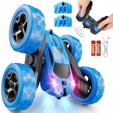 QUNREDA Remote Control Car, RC Cars Toys for Kids Ages 6-12, 4WD Stunt Car with LED Lights & 360° Flips, 2.4GHz, Upgraded USB-C Modular Batteries, 8-10 Year Old Boys Birthday Gift 1-Blue - Image 1