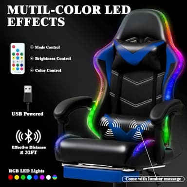 Czlolo Gaming Chair, Racing Style RGB LED Lights Gaming Chairs for Adults and Kids, Lumbar Massager Gamer Chair, High Back Reclining Computer Chair with Footrest and Headrest (Black/Blue) - Image 3