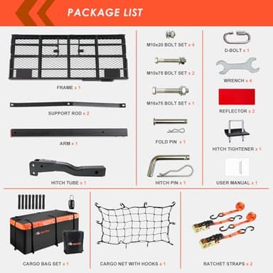MeeFar High Rail Trailer Folding Hitch Mount Cargo Carrier Basket 60" X 24" X 14"+Waterproof Cargo Bag 20 cu ft(59" 24" 24"), Capacity of 500 Lbs with Hitch Stabilizer, Net, Lock and Straps - Image 6