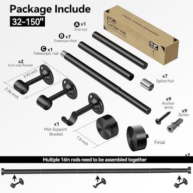 Heavy Duty Curtain Rod 32-150 Inch, 1 Inch Adjustable Curtain Rods for Windows, Extra Long Window Treatment Rods with Aluminium Finials, Easy Installation - Image 5