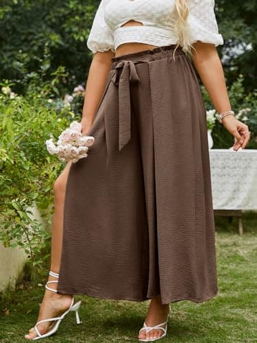 Simplee Apparel Women's Casual Plus Size Side Split Wide Leg Pants High Waist Beach Flowy Pants Comfy Lounge Loose Belted(3XL Coffee) - Image 6
