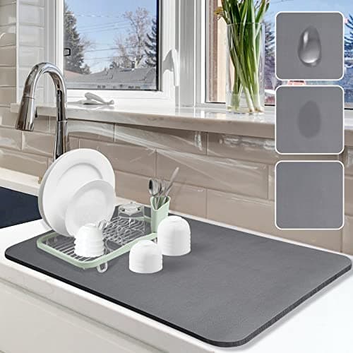 Dish Drying Mat for Kitchen Counter, 16"x24" Dish Drying Pad with Non-slip Rubber Backed, Hide Stain Anti Absorbent for Kitchen Counter, Drying Mat for Coffee Machine Dish Rack (Grey) - Image 1