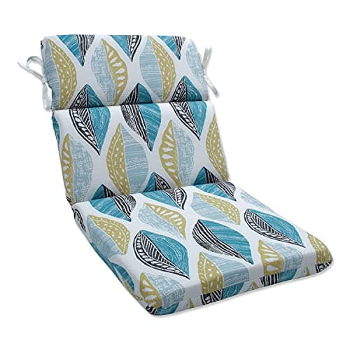 Pillow Perfect Outdoor/Indoor Rounded Corner Chair Cushion, 40.5" x 21", Blue Leaf Block Teal/Citron - Image 1