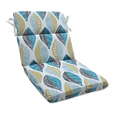 Pillow Perfect Outdoor/Indoor Rounded Corner Chair Cushion, 40.5" x 21", Blue Leaf Block Teal/Citron - Image 1