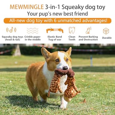 MEWMINGLE 3-in-1 Squeaky Dog Toy for Chewer (Squeaker, Crinkle Paper & Elastic Band), Durable Interactive Puppy Plush Stuffed Chew Toy for Boredom, Tug of-War, for Small Medium Large Breed (Giraffe) - Image 3