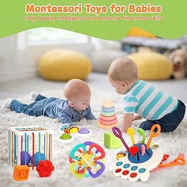 Baby Toys 6-12 Months,5 in 1 Montessori Toys for Babies 6-12 Months,Pull String Infant Teething Toys,Stacking Rings,Color Shape Sensory,Suction Cup Spinner Toys for 6-9-12 to 18 M+ Birthday Gifts - Image 6