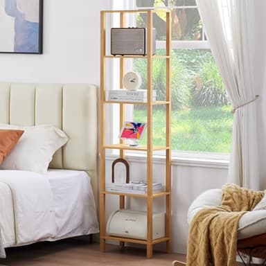 YUFAM 54in Tall Bookshelf 5-Tier Small Narrow Bookcase, Skinny Book Shelf for Small Space, Farmhouse Slim Shelf with Storage, Wood Freestanding Display Thin Bookshelves for Living Room, Natural - Image 7