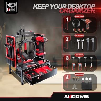 Amoowis Desktop Tool Organizer with Charging Station and Tool Bag for Power Tools & Repair Kits, Storage Rack with Holder, Fits RC Tools, Pliers, Tweezers, Small Parts, Workshop, Gifts foe Men - Image 6