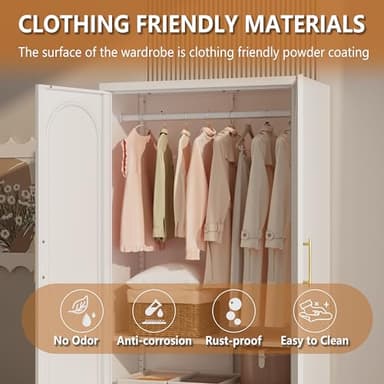 Polup Metal Armoire Wardrobe Closet witih Two Drawers, 71" Tall Large Wardrobe Cabinet with Hanging Rod, Clothing Storage Cabinet with Doors and Shelves for Bedroom, White, Assemble Required - Image 6