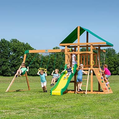 Backyard Discovery Mount Mckinley Cedar Wood Swing Set with Wave Slide, Play Deck, Double Rock Wall, Rope Ladder, Web Swing, Belt Swings, Toy Telescope, Steering Wheel, Sandbox Area, Outdoor Playset - Image 2