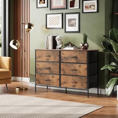 WLIVE Dresser for Bedroom with 6 Drawers, Wide Fabric Dresser TV Stand for 50 Inches TV, with Metal Frame, Wooden Top, Fabric Storage Dressers for Bedroom, Hallway, Entryway, Rustic Brown - Image 4