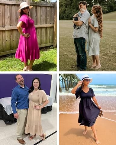 AUSELILY Women's Summer Empire Waist Dress Smocked Flutter Short Sleeve V Neck Midi Dresses 2025 New Gray Blue Flower 2XL - Image 6