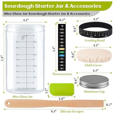 Sourdough Starter Jar 2 Pack - 40oz Sourdough Starter Kit with Thermometer, Feeding Band, Cloth Cover, Silicone Scraper and Metal Lid - Reusable Sourdough Bread Baking Supplies - Image 2