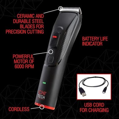 CHI Tech Cordless Precision Clipper, Wireless Hair Clipper for Precision Styling, Smooth Grip & Stainless Steel Blades, Includes 4 Guard Attachments - Image 2