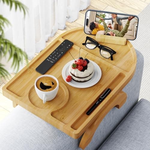 Wisreach Bamboo Sofa Tray Table, Clip-On Tray Sofa Table - 15” L x 10.2” W, Anti-Slip Sofa Armrest Tray Table with 360° Phone Holder, Couch Arm Table for Eating, Drinks, Snacks, Remote, and Pen - Image 1