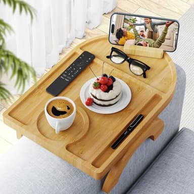Wisreach Bamboo Sofa Tray Table, Clip-On Tray Sofa Table - 15” L x 10.2” W, Anti-Slip Sofa Armrest Tray Table with 360° Phone Holder, Couch Arm Table for Eating, Drinks, Snacks, Remote, and Pen - Image 1