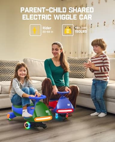 FanttikRide N7 Pro Electric Wiggle Car with Pedal, Rechargeable Battery, CyberWiggle, 2 in 1 Swing Car, 2 Speed, Anti-Rollover, Flashing Wheels, Bluetooth, for Ages 3 and Up, 150 Lbs, Green - Image 4