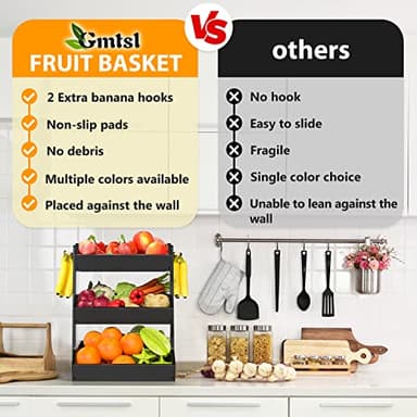 Gmtsl Bamboo Fruit Basket for Kitchen – 3 Tier Fruit Bowl For Kitchen Counter, Large Fruit Holder With 2 Banana Hangers, Idea For Fruit and Vegetable Storage, Bread Basket, Snack Organizer(BLACK) - Image 4