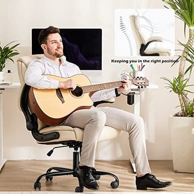 Office Chair - Ergonomic Executive Computer Desk Chairs with Adjustable Flip-up Armrest, Swivel Task Chair with Lumbar Support, Strong Metal Base, PU Leather, White - Image 2